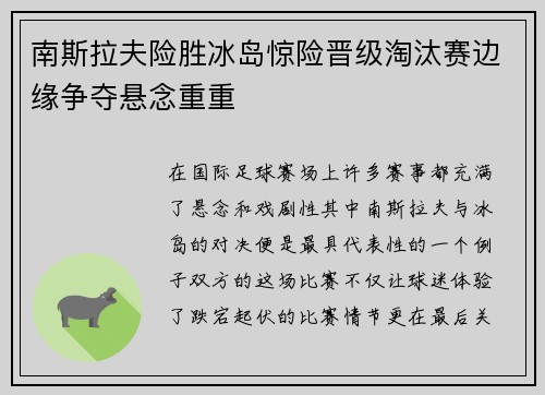 南斯拉夫险胜冰岛惊险晋级淘汰赛边缘争夺悬念重重