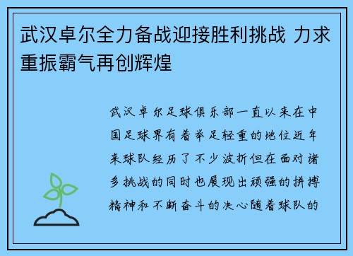 武汉卓尔全力备战迎接胜利挑战 力求重振霸气再创辉煌