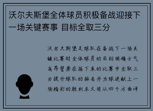 沃尔夫斯堡全体球员积极备战迎接下一场关键赛事 目标全取三分