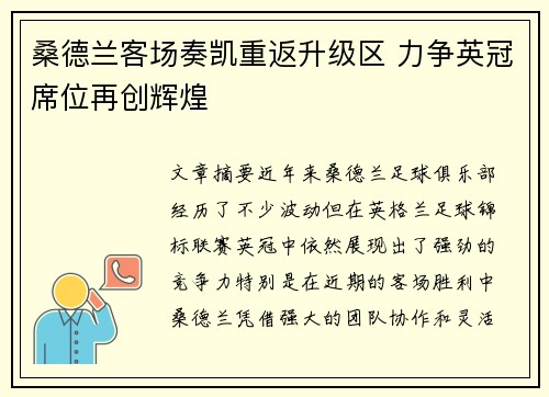 桑德兰客场奏凯重返升级区 力争英冠席位再创辉煌