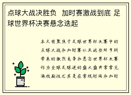 点球大战决胜负 加时赛激战到底 足球世界杯决赛悬念迭起 点球大战决胜负 加时赛激战到底 足球世界杯决赛悬念迭起